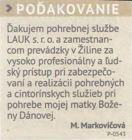 Poďakovanie 279 - pohrebné služby LAuK