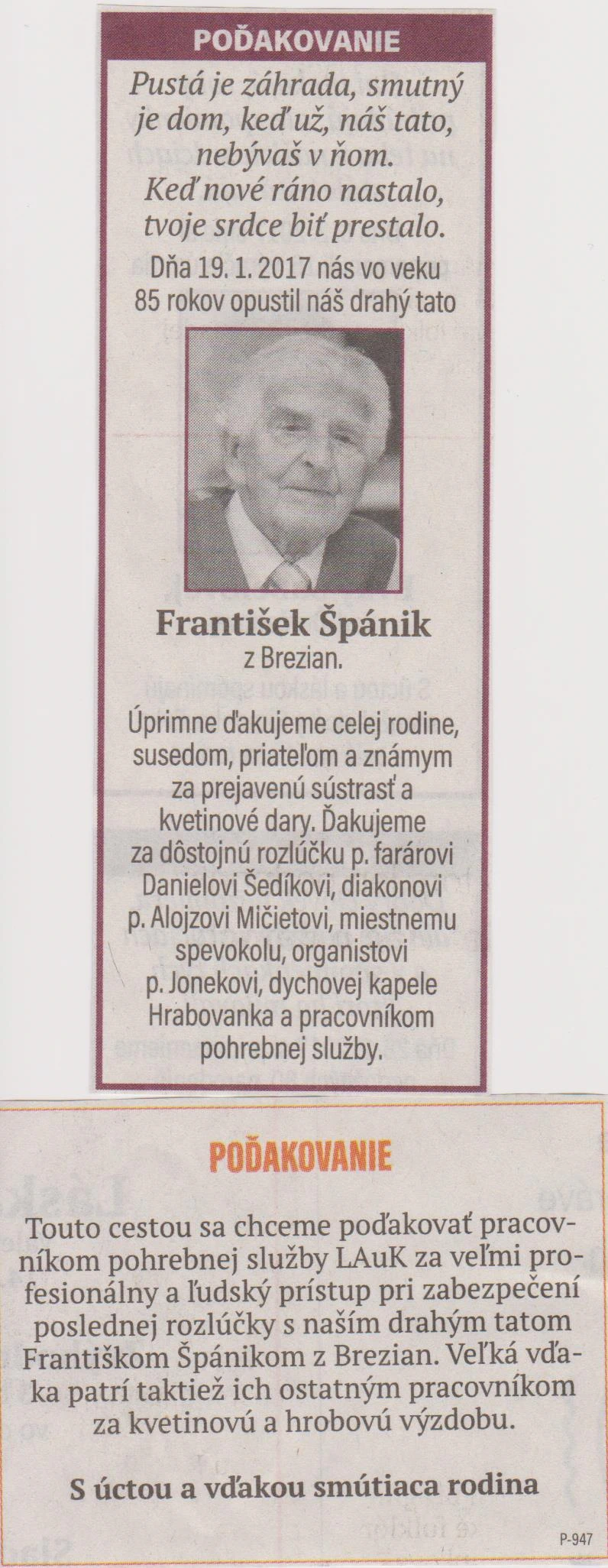 Poďakovanie 270 - pohrebné služby LAuK