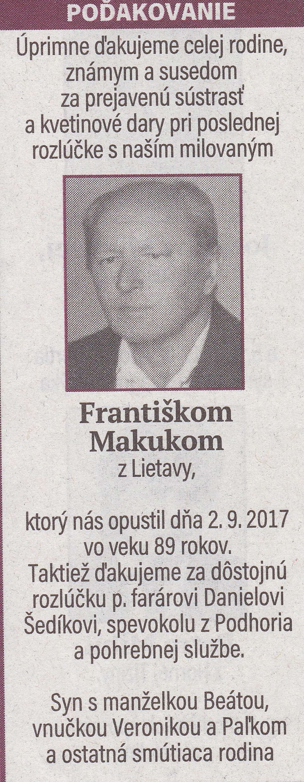Poďakovanie 260 - pohrebné služby LAuK