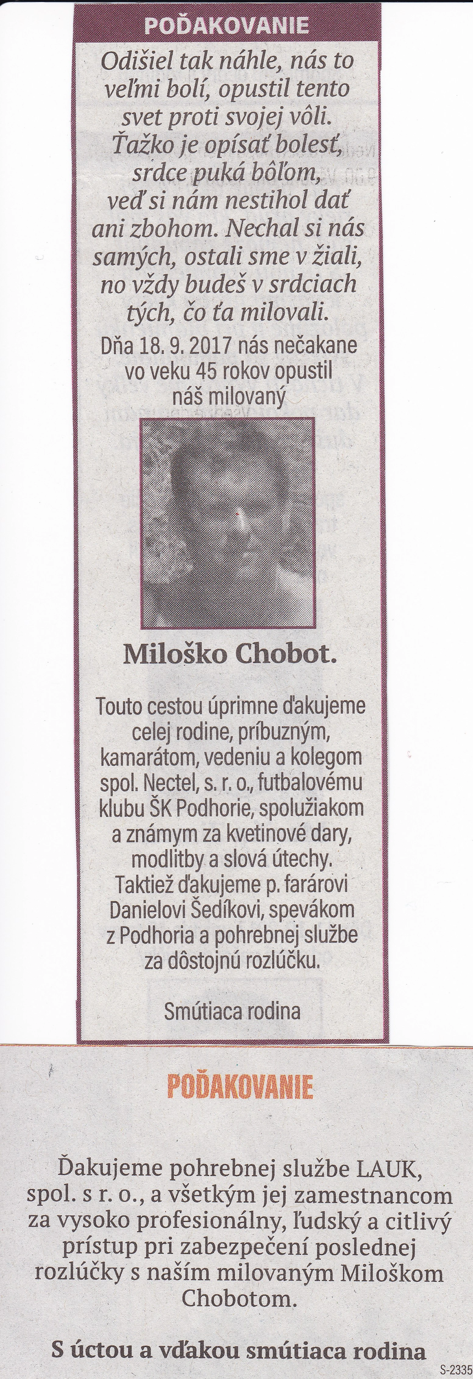 Poďakovanie 259 - pohrebné služby LAuK