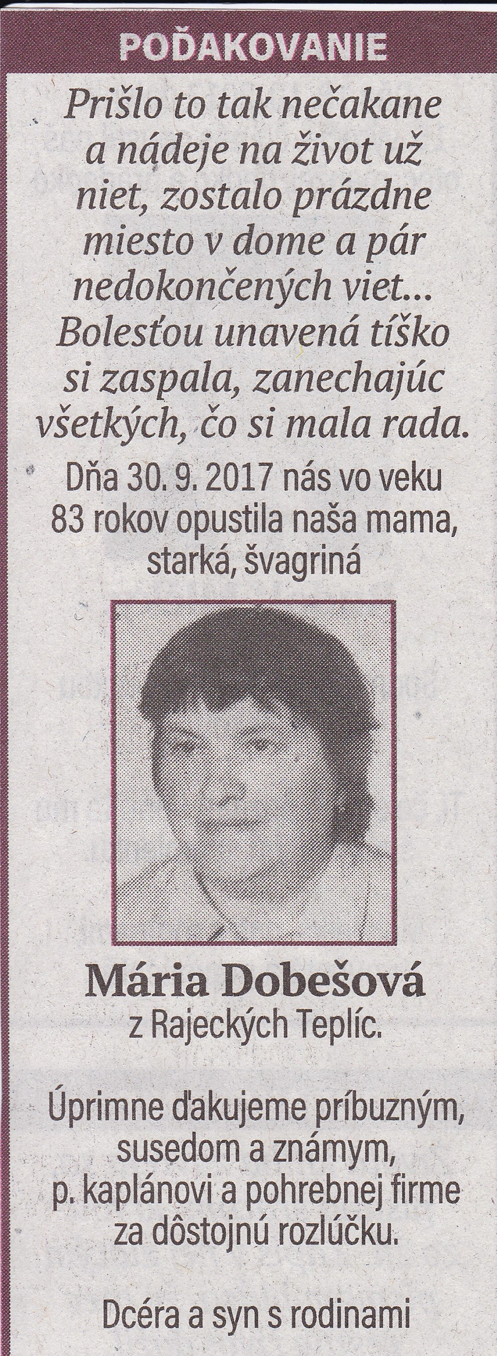 Poďakovanie 258 - pohrebné služby LAuK