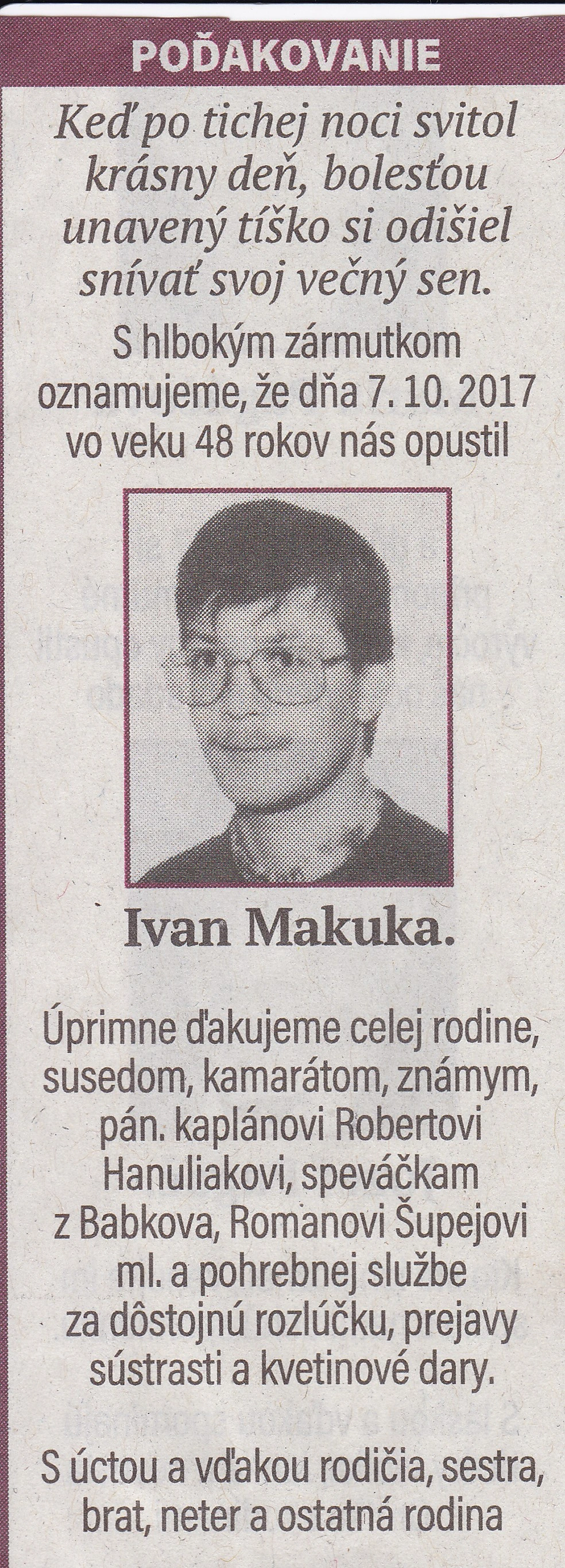 Poďakovanie 257 - pohrebné služby LAuK