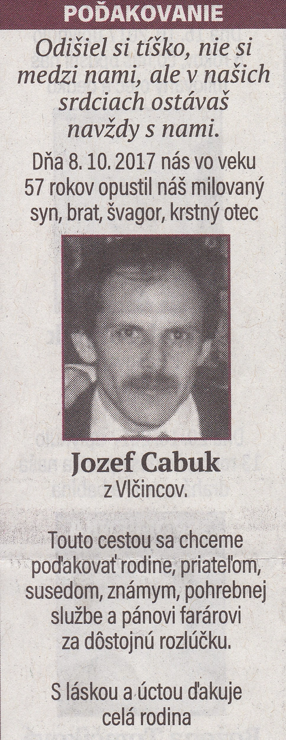 Poďakovanie 254 - pohrebné služby LAuK
