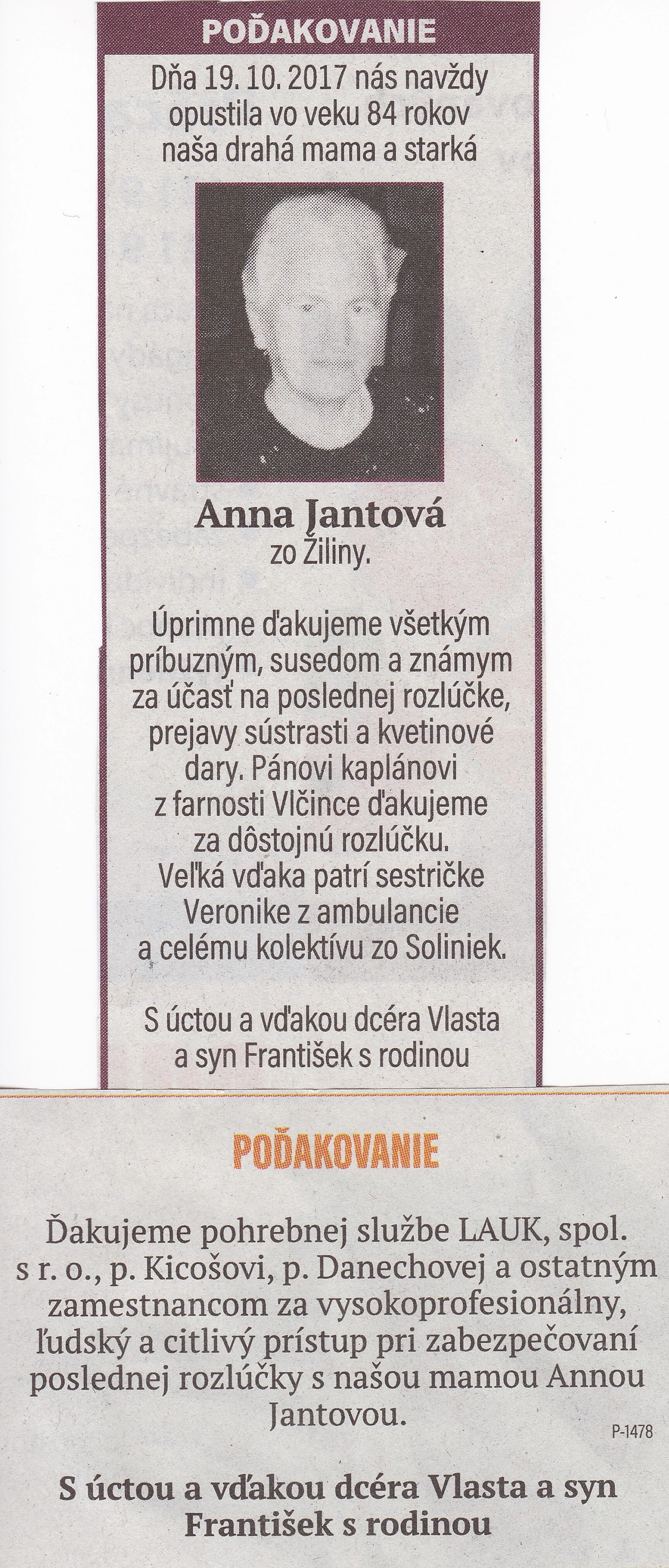 Poďakovanie 253 - pohrebné služby LAuK