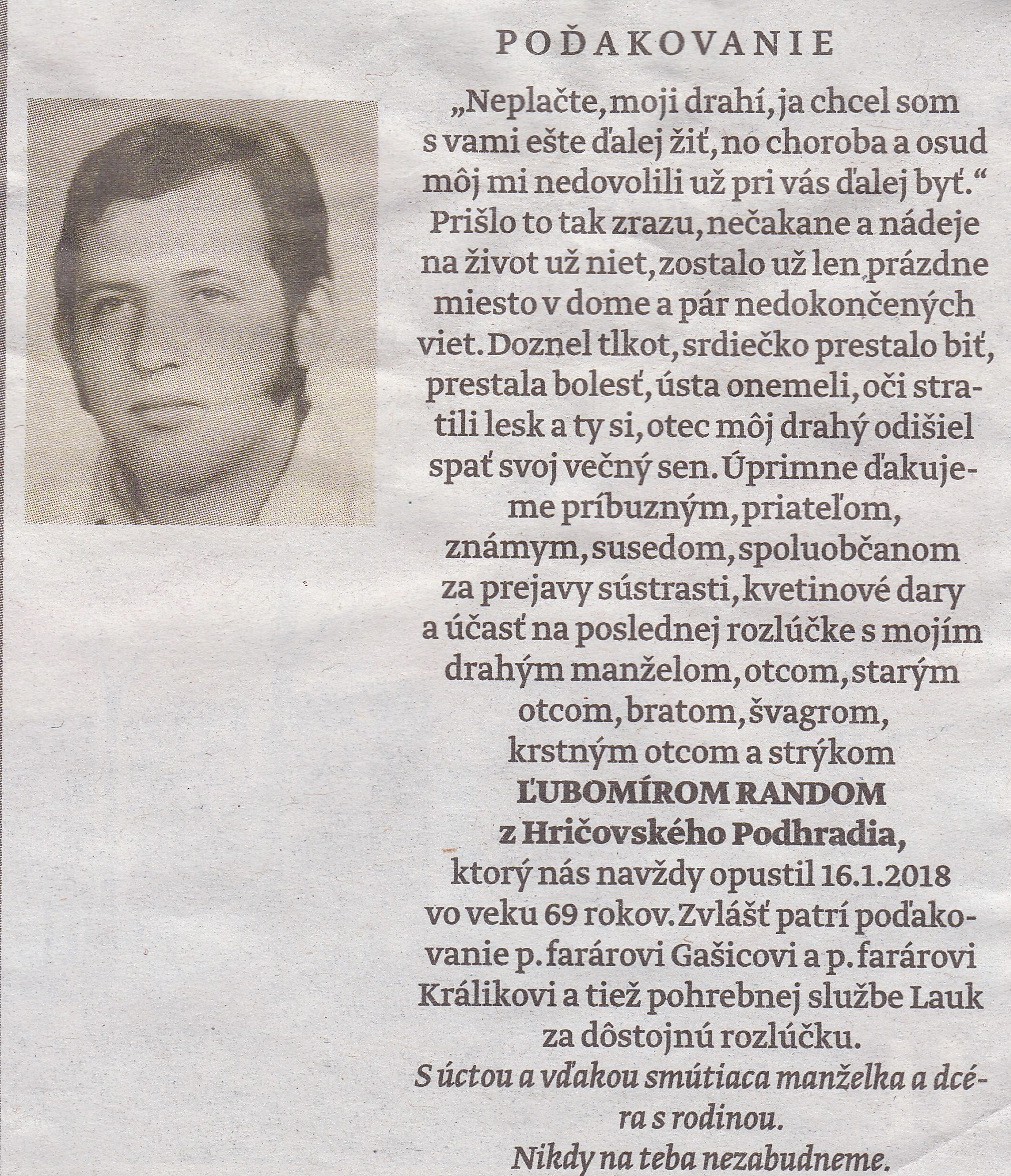 Poďakovanie 246 - pohrebné služby LAuK