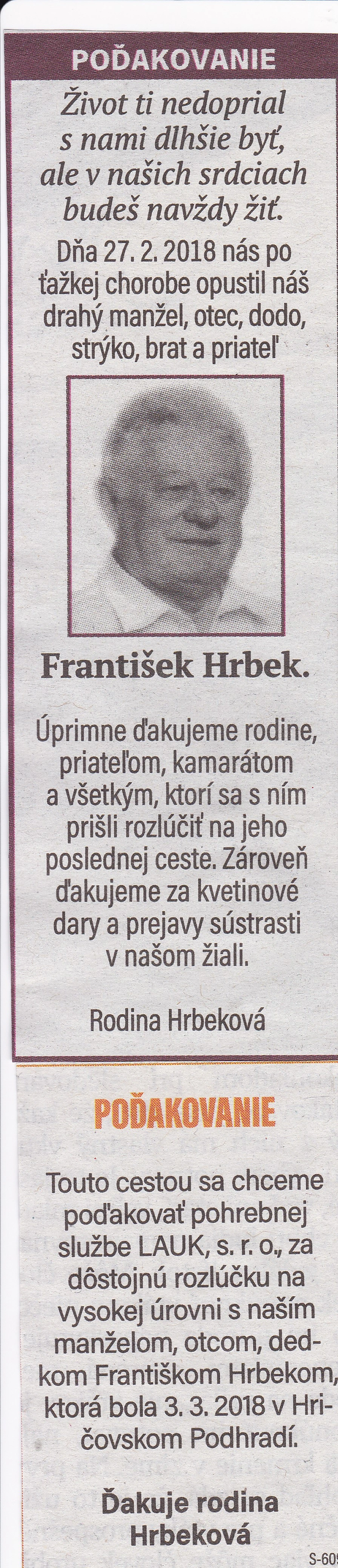Poďakovanie 242 - pohrebné služby LAuK