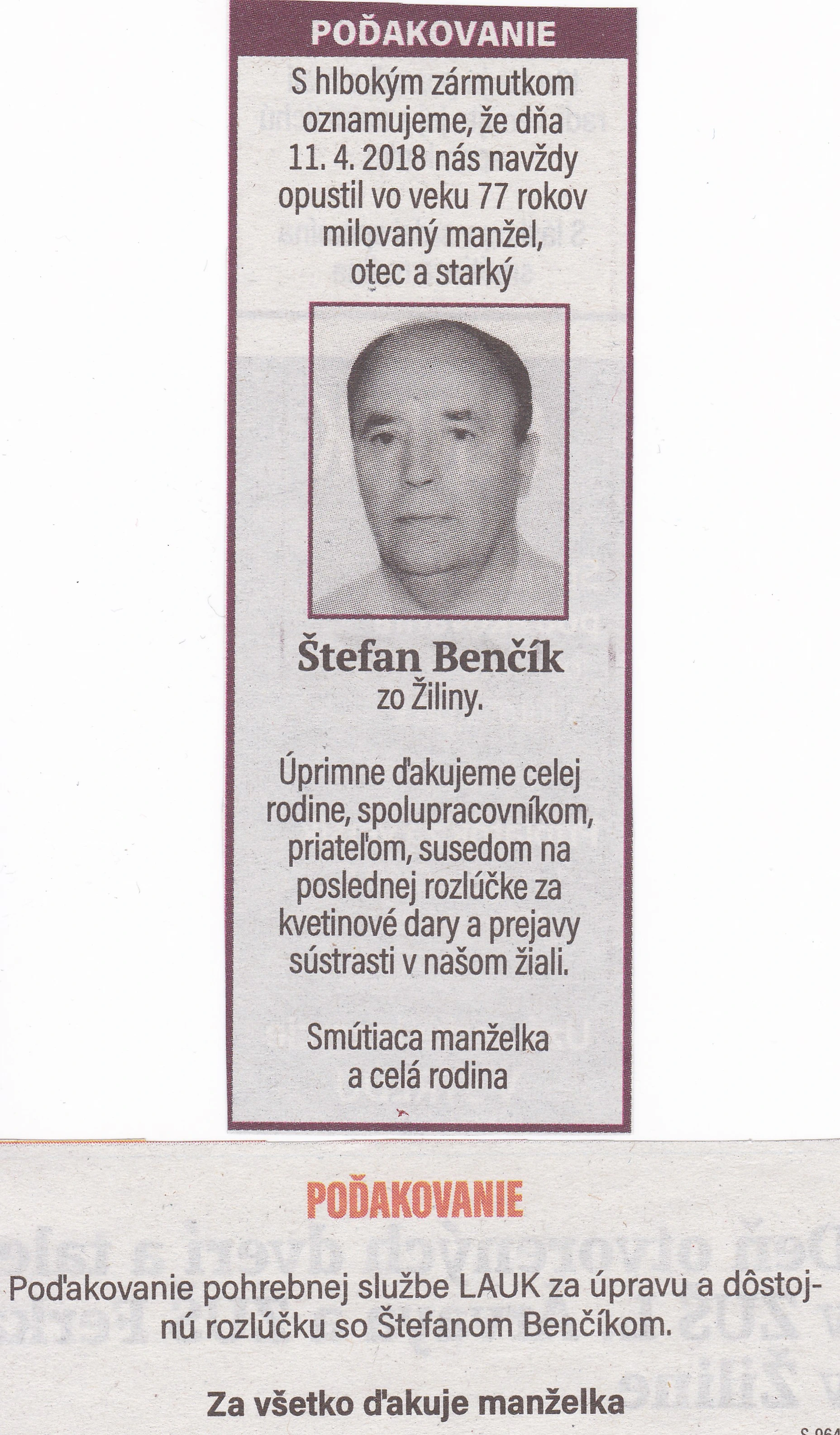 Poďakovanie 240 - pohrebné služby LAuK