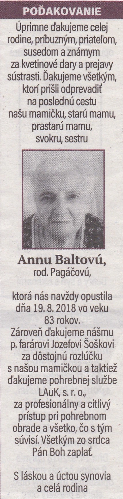Poďakovanie 230 - pohrebné služby LAuK