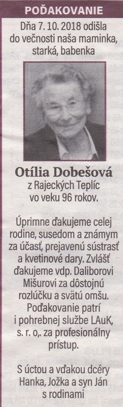 Poďakovanie 226 - pohrebné služby LAuK