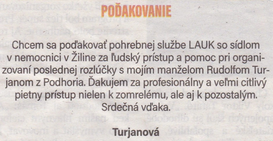 Poďakovanie 225 - pohrebné služby LAuK