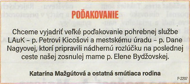 Poďakovanie 214 - pohrebné služby LAuK