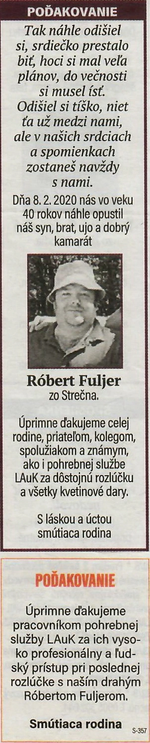 Poďakovanie 192 - pohrebné služby LAuK