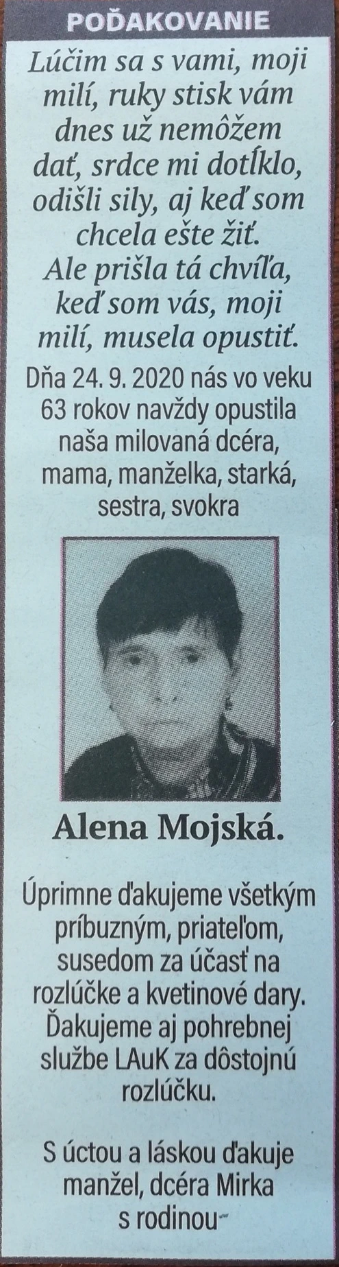 Poďakovanie 175 - pohrebné služby LAuK