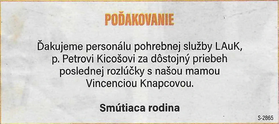 Poďakovanie 172 - pohrebné služby LAuK