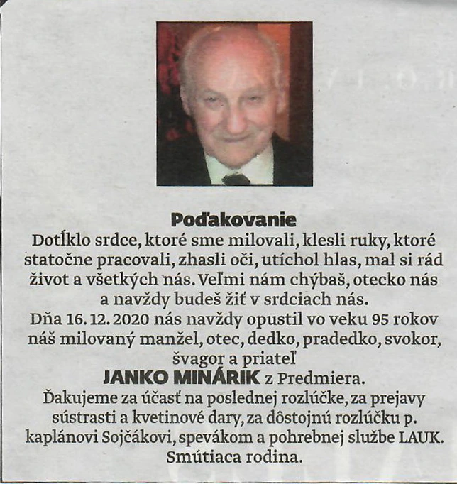 Poďakovanie 169 - pohrebné služby LAuK