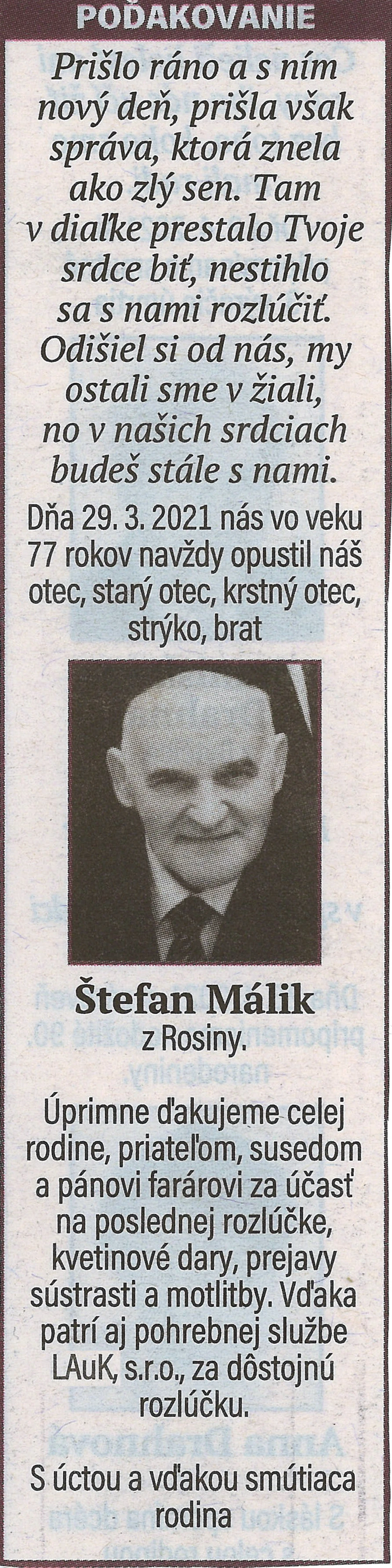 Poďakovanie 151 - pohrebné služby LAuK