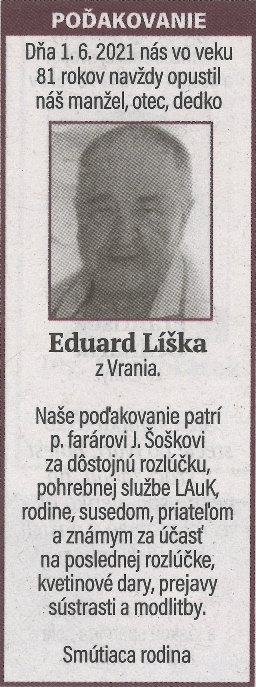 Poďakovanie 142 - pohrebné služby LAuK