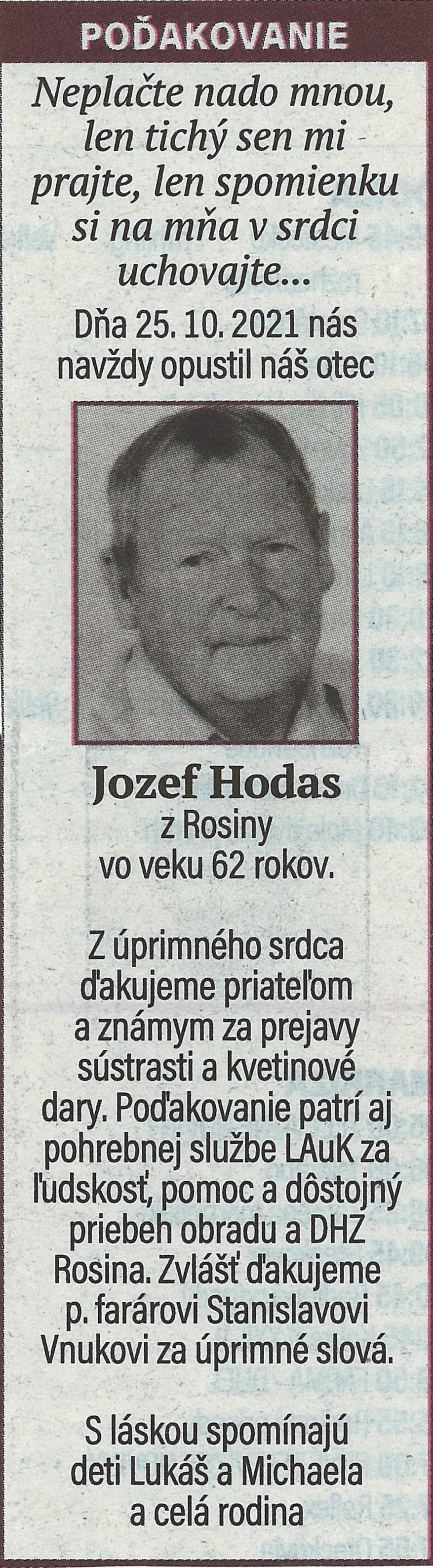 Poďakovanie 133 - pohrebné služby LAuK