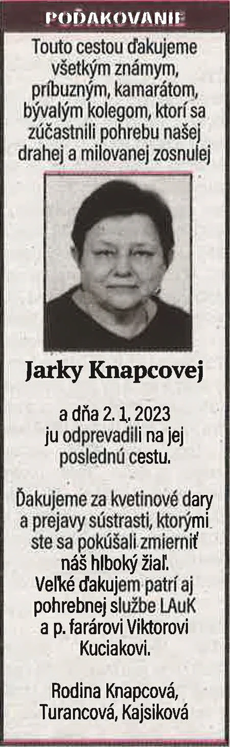 Poďakovanie 100 - pohrebné služby LAuK
