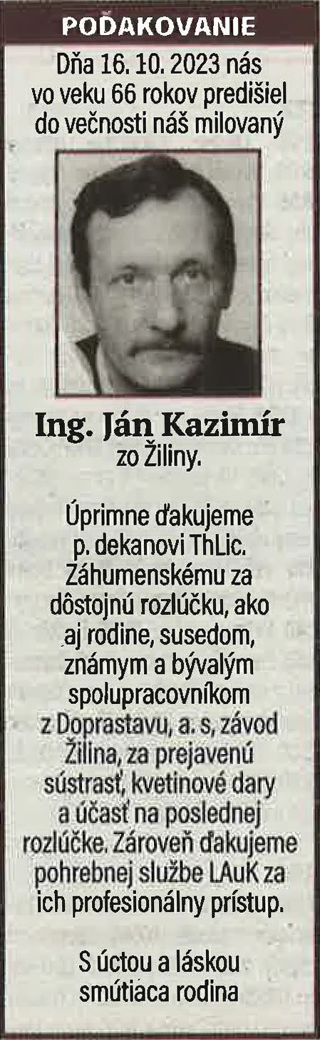 Poďakovanie 81 - pohrebné služby LAuK
