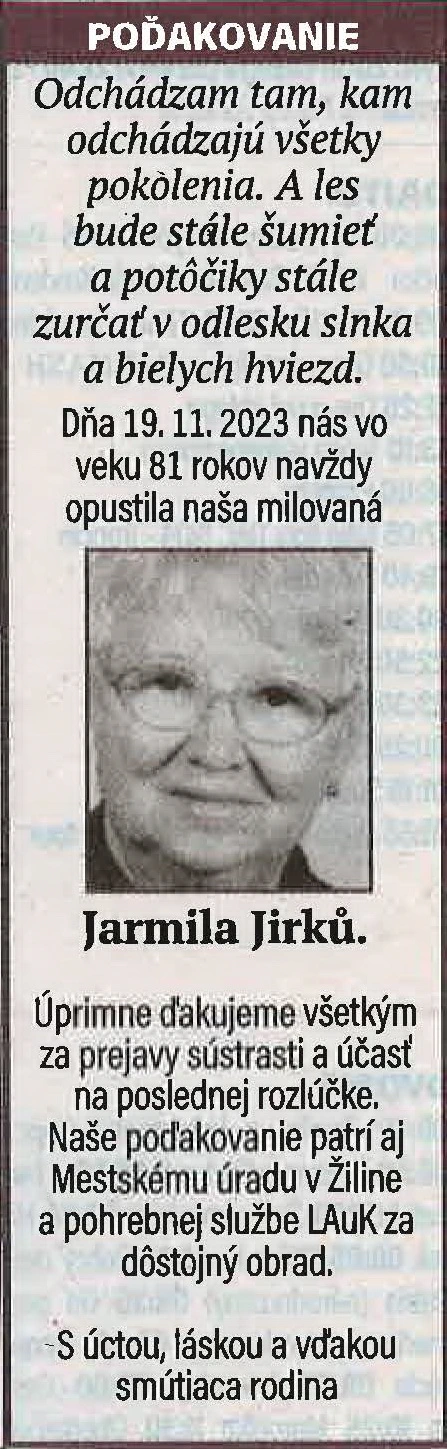 Poďakovanie 78 - pohrebné služby LAuK