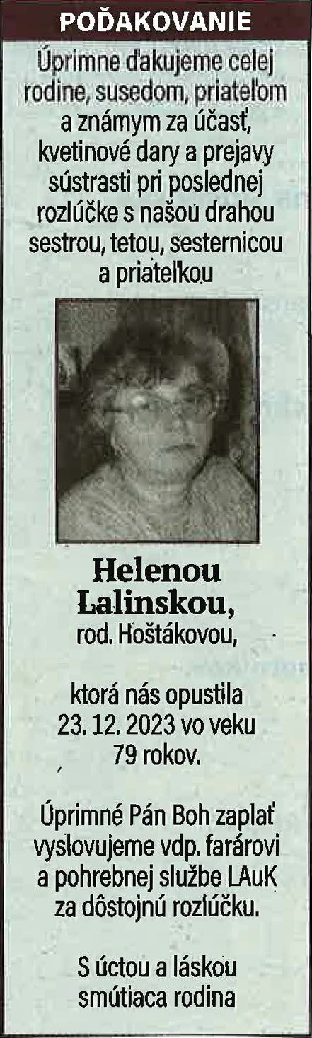 Poďakovanie 73 - pohrebné služby LAuK