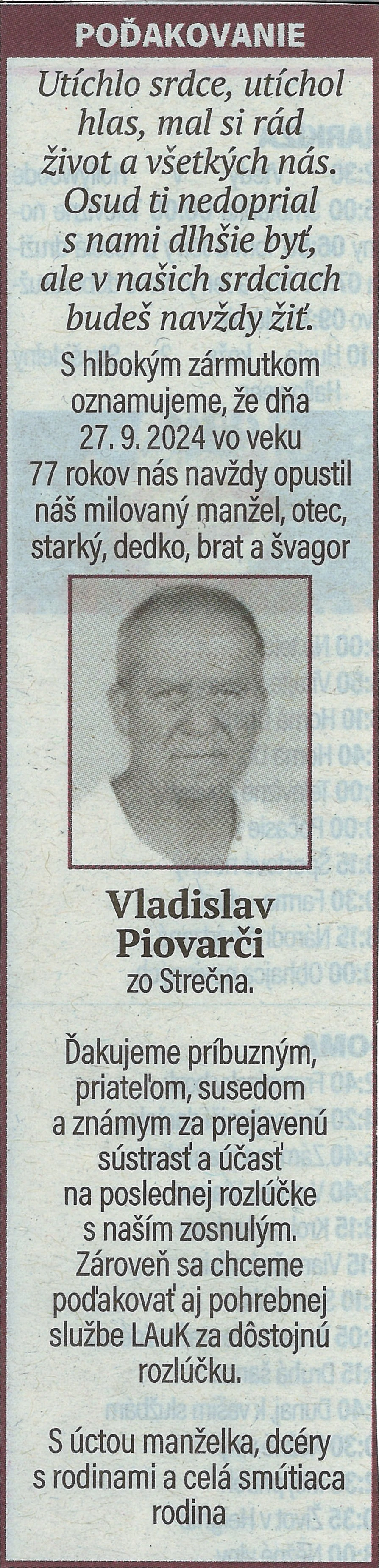 Poďakovanie 58 - pohrebné služby LAuK