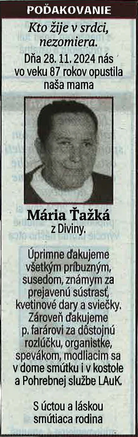Poďakovanie 54 - pohrebné služby LAuK