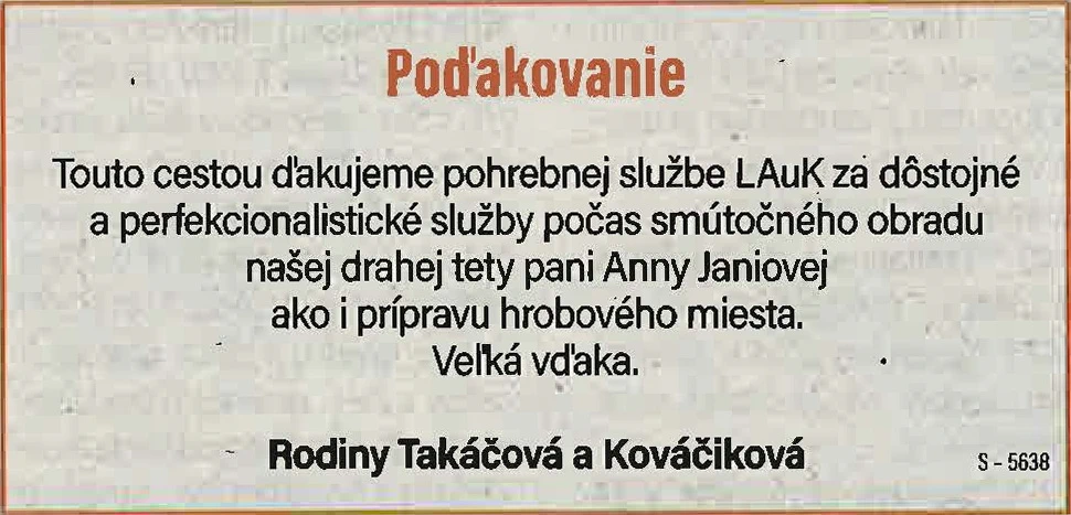 Poďakovanie 40 - pohrebné služby LAuK