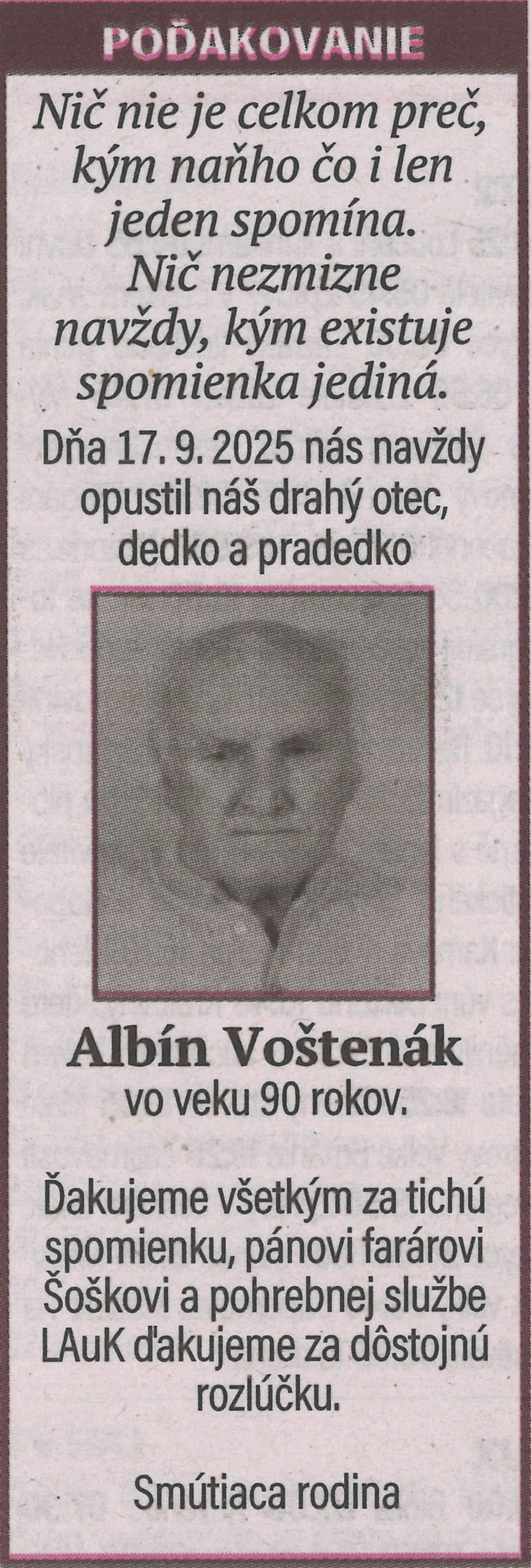 Poďakovanie 32 - pohrebné služby LAuK