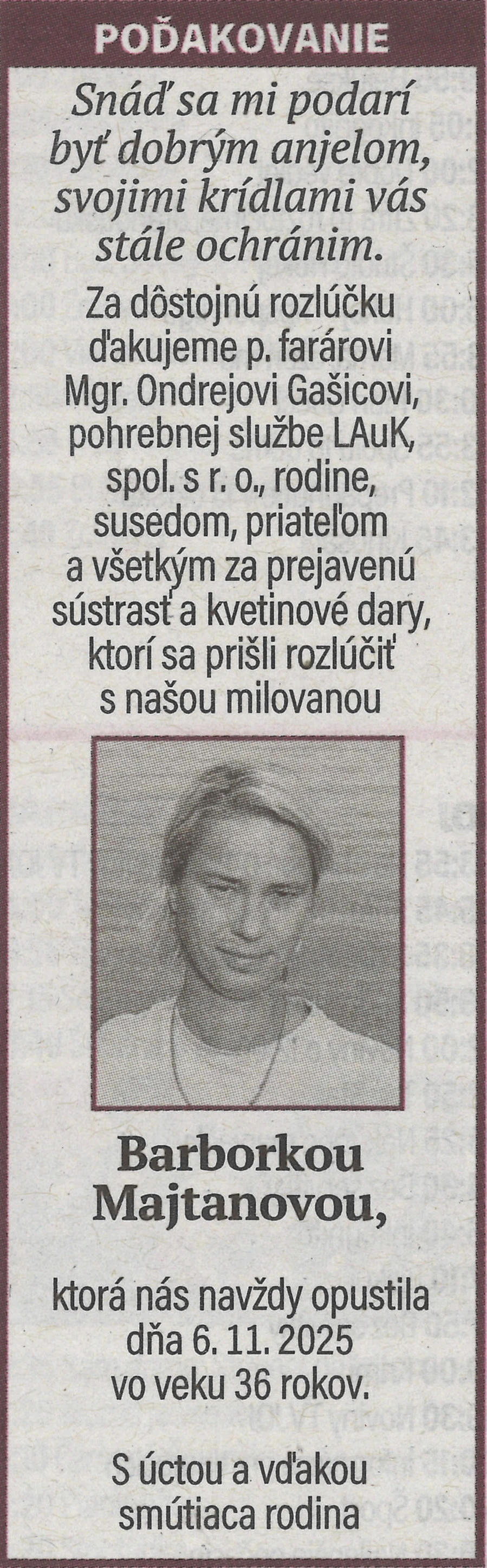 Poďakovanie 25 - pohrebné služby LAuK