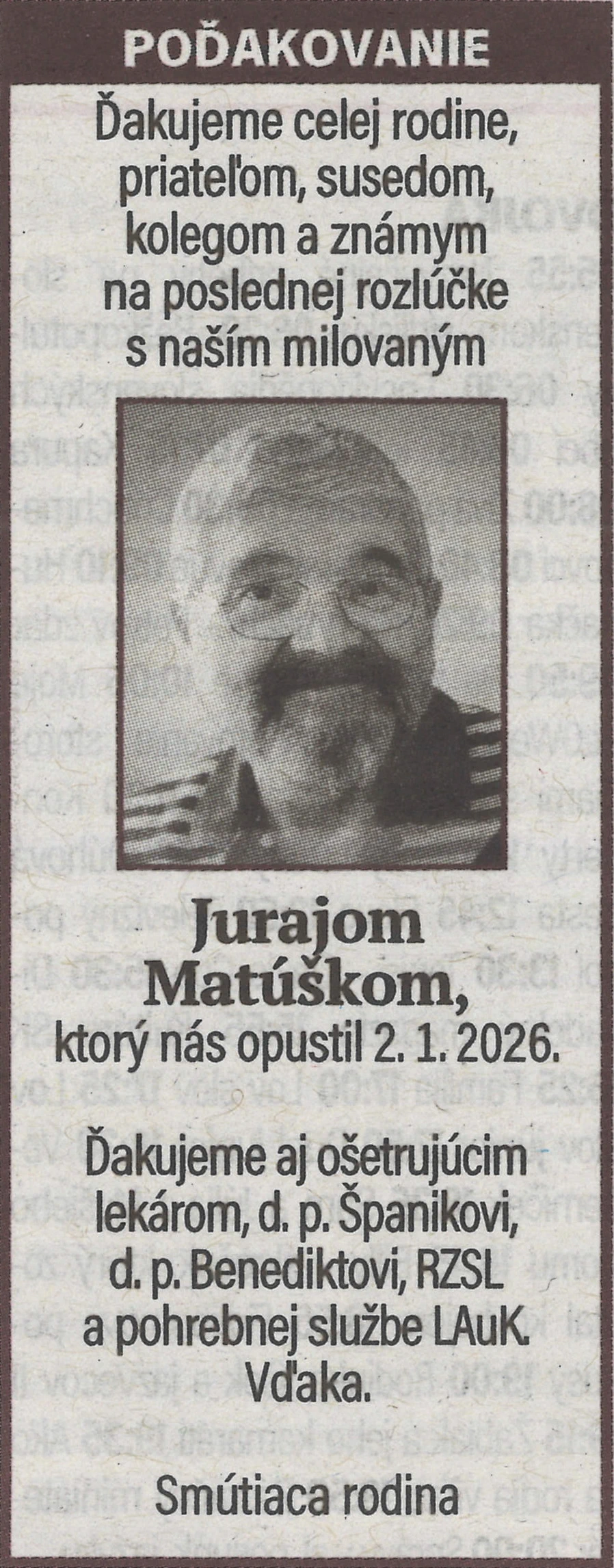 Poďakovanie 19 - pohrebné služby LAuK