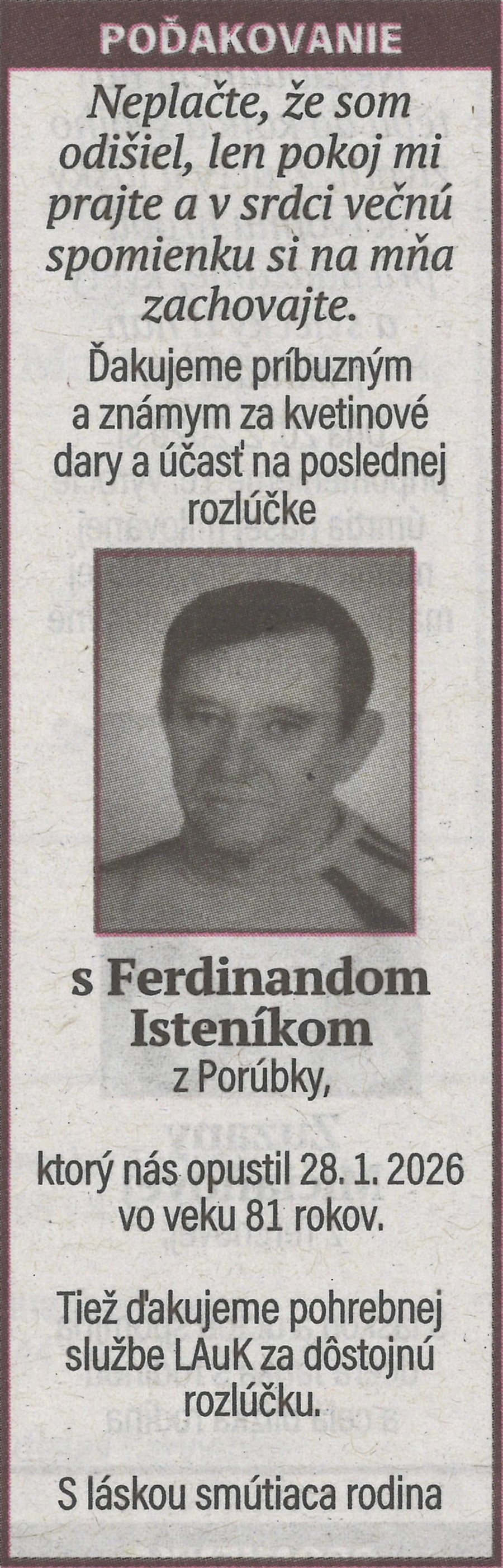 Poďakovanie 18 - pohrebné služby LAuK