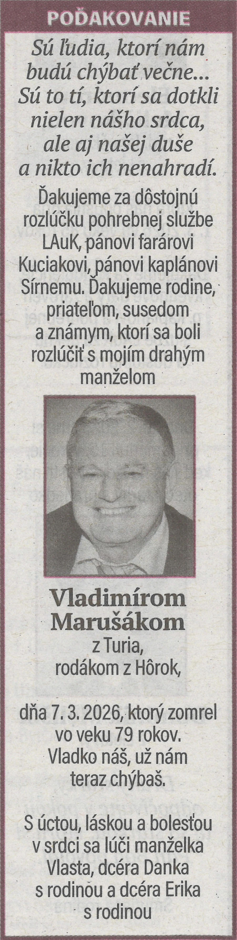 Poďakovanie 16 - pohrebné služby LAuK