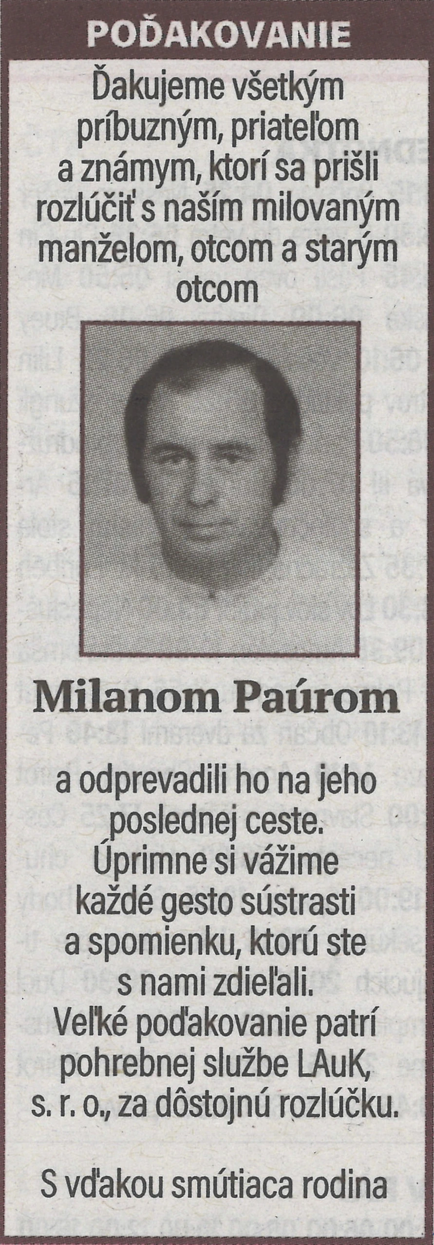 Poďakovanie 15 - pohrebné služby LAuK