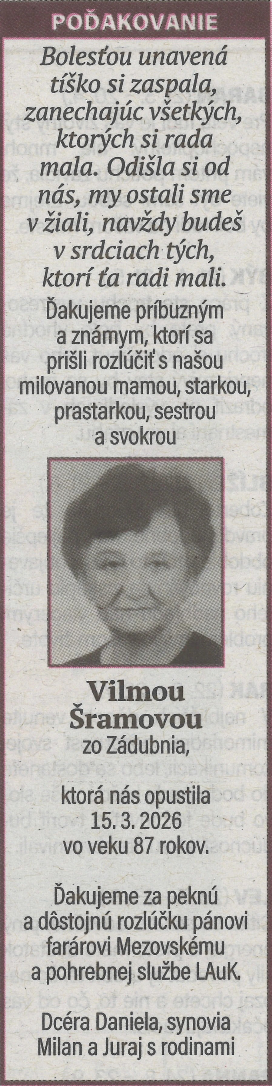 Poďakovanie 14 - pohrebné služby LAuK
