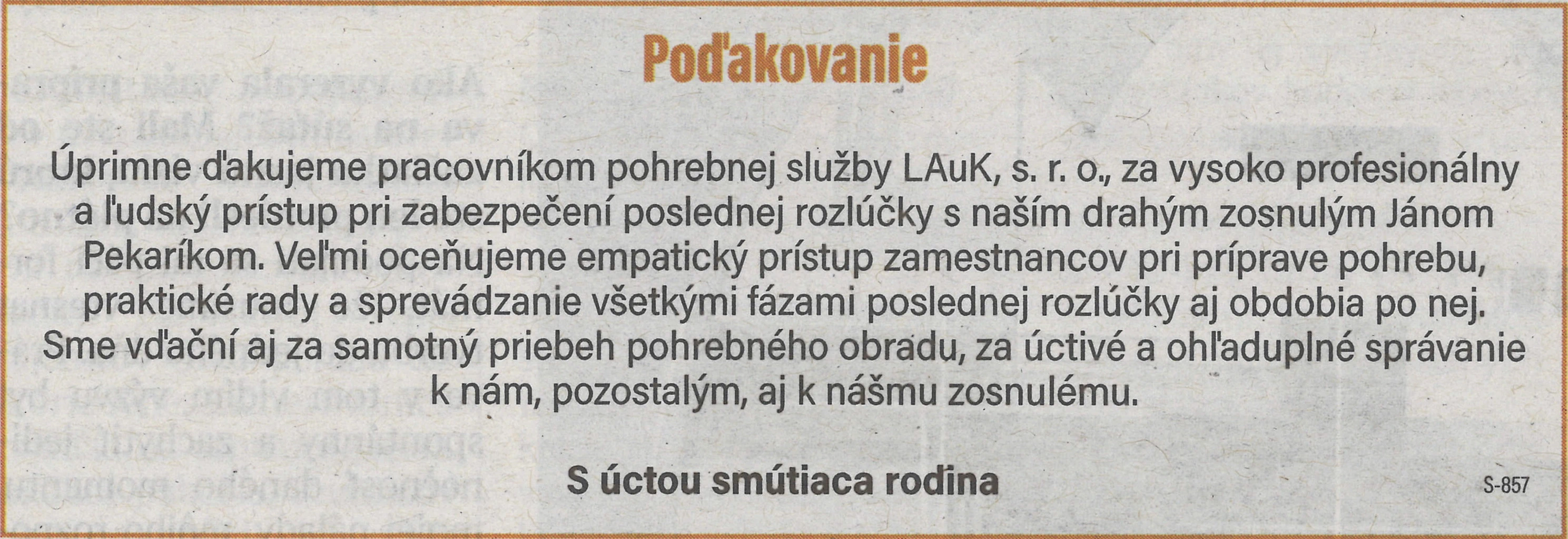 Poďakovanie 11 - pohrebné služby LAuK