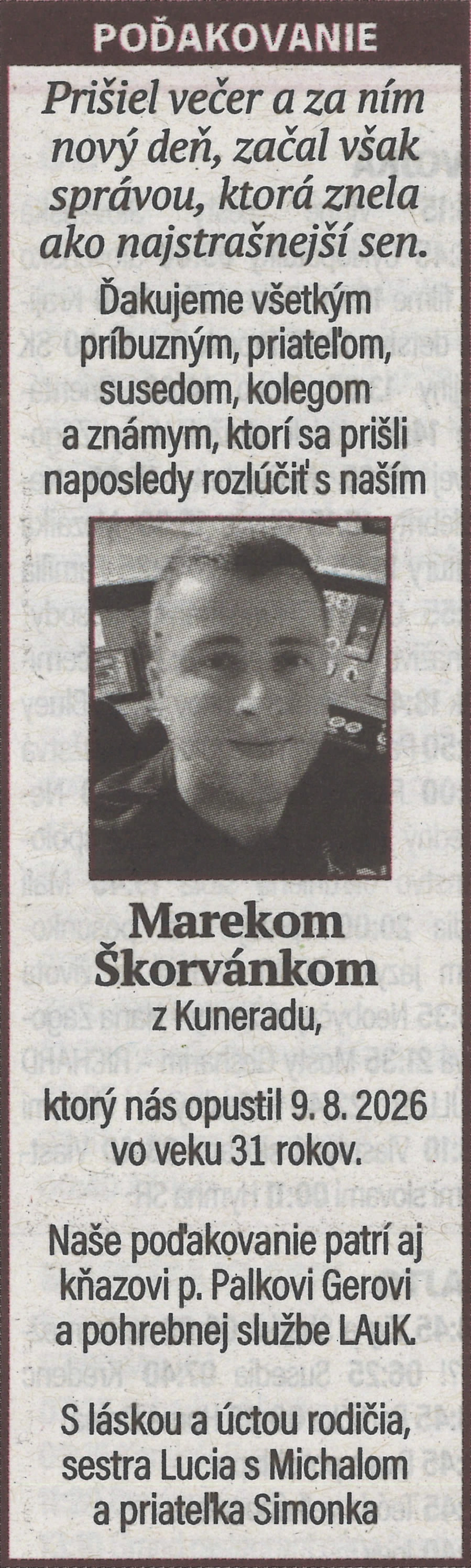 Poďakovanie 6 - pohrebné služby LAuK