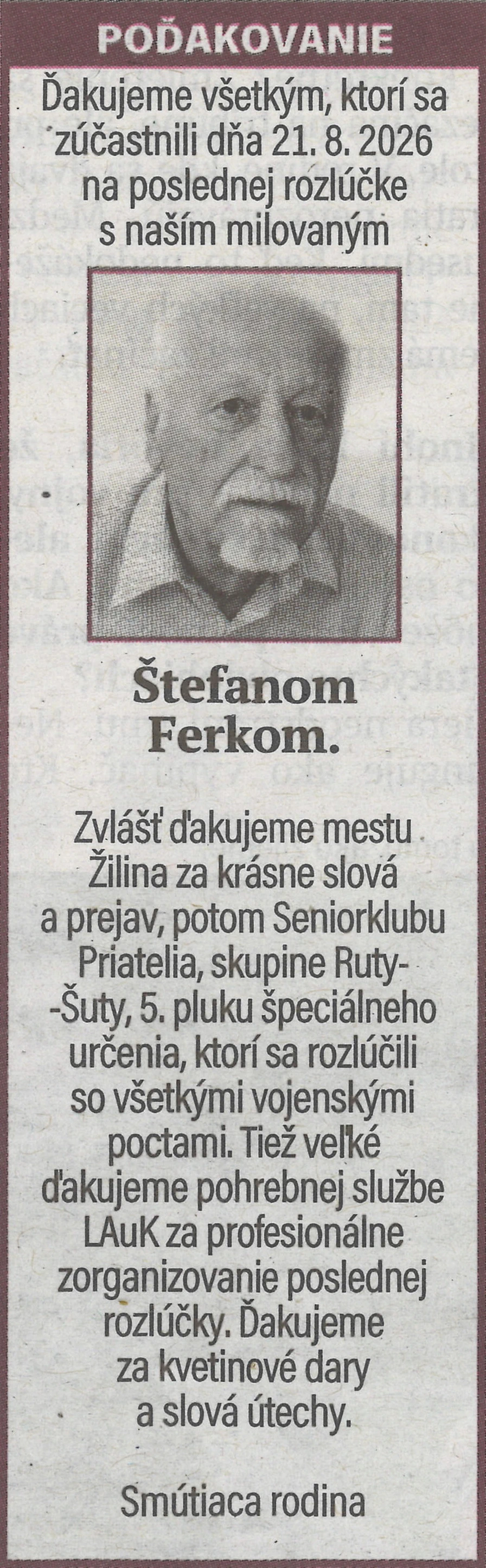 Poďakovanie 5 - pohrebné služby LAuK