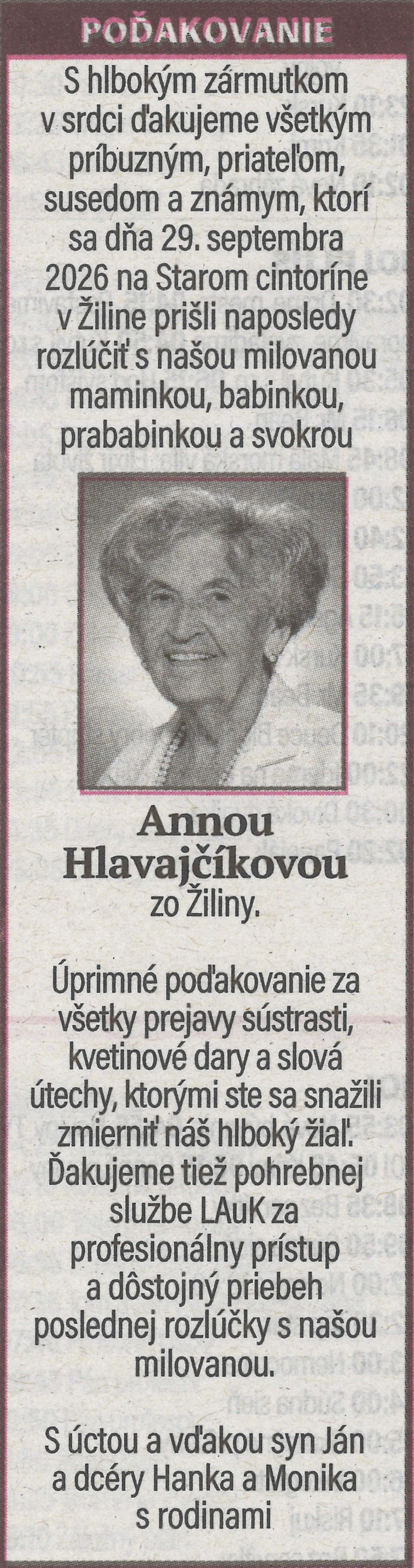 Poďakovanie 1 - pohrebné služby LAuK